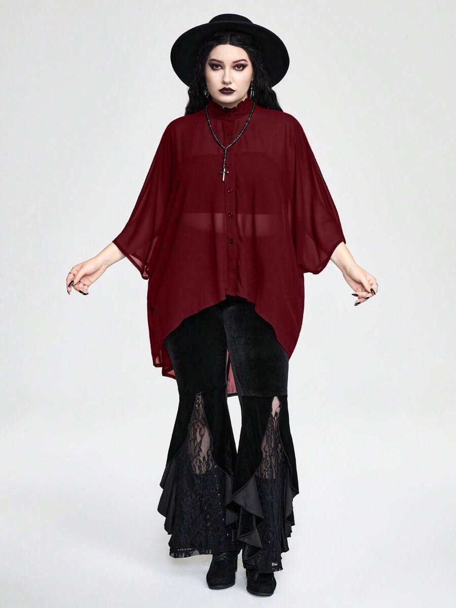 ROMWE Goth 大码时尚蝙蝠袖雪纺衬衫，秋季 - 酒紅色 - 查看 1