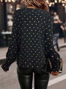 EMERY ROSE Women's Spring/Fall V-Neck Long Sleeve Elegant Blouse With Foil Butterfly Print - Black - View 2
