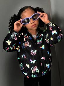 SHEIN Young Girl Woven Butterfly Pattern Loose Fit Hooded Casual Jacket, Autumn/Winter - Multicolor - View 1
