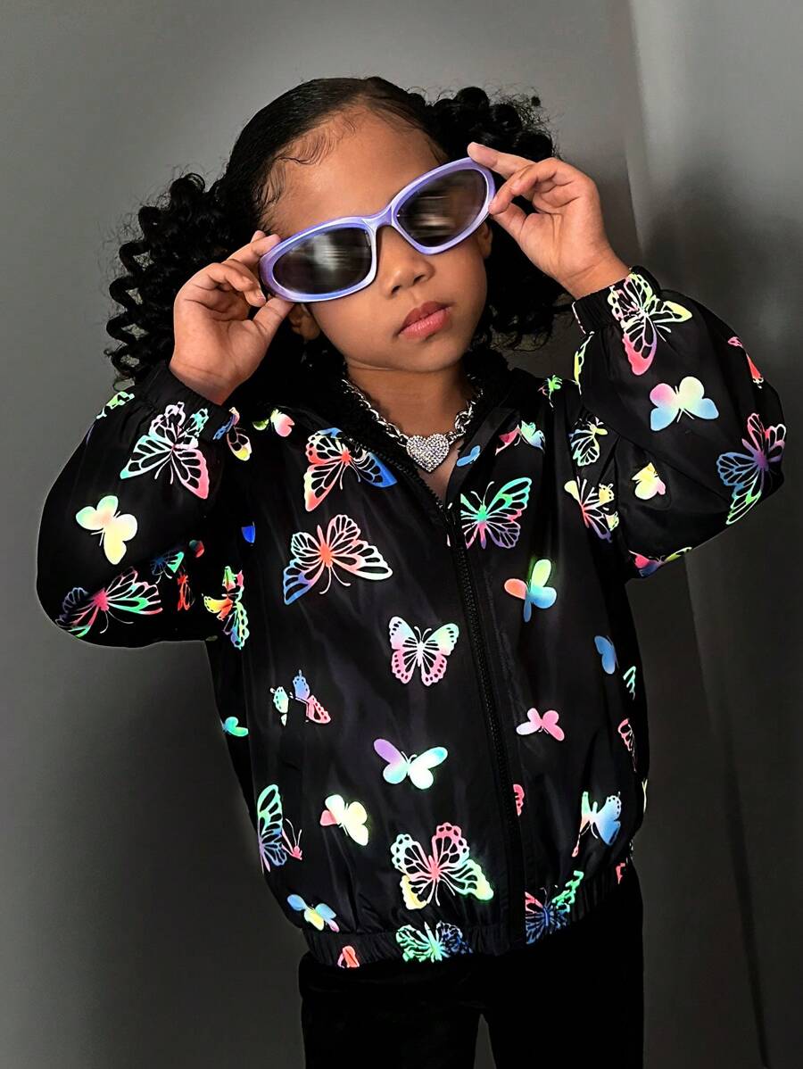 SHEIN Young Girl Woven Butterfly Pattern Loose Fit Hooded Casual Jacket, Autumn/Winter - Multicolor - View 1