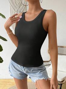 Calvaya Fitted Sexy Padded Rib-Knit Tank Top - Black - View 5