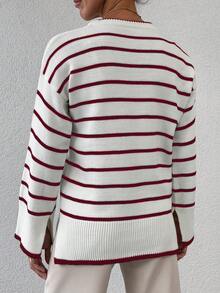 EURMUSE 條紋圖案落肩袖套頭毛衣 - 酒紅色 - 查看 2