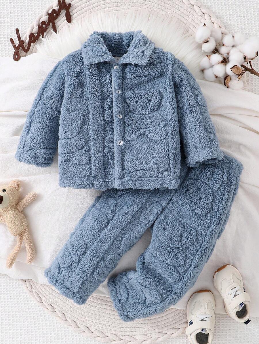 2 件套男婴休闲提花熊印花长袖开衫和裤子套装 - 藍色 - 查看 1