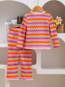 2pcs Baby Girls Fashionable Striped Tassel Decor Long Sleeve Top And Pants Set, Spring/Fall