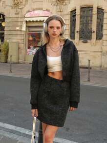 SHEIN Explorewe 2pcs/Set Teenage Girls Casual Y2K Style Jacket & Mini Skirt - Black - View 3