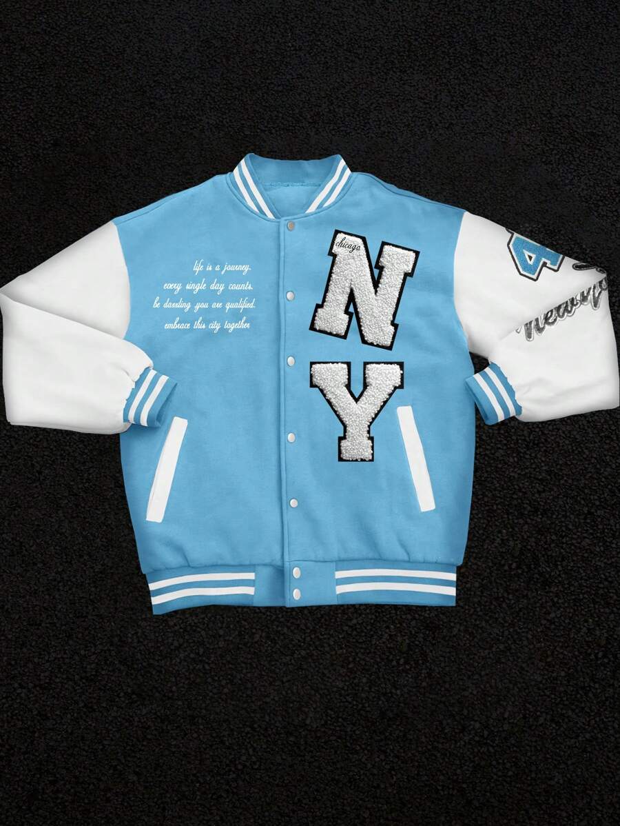 Manfinity Hypemode Men's Extra-Large Letter Printed Varsity Jacket With Striped Trim And Drop Shoulder, No Hood - Multicolor - View 1