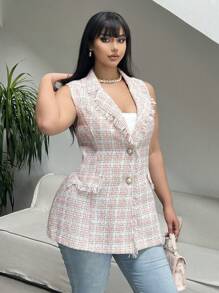 Celure Collarless Sleeveless Buttoned Fringed Colorblocked Blazer, Casual Commuting Party Date Elegant Plus Size Coat - Pink - View 5