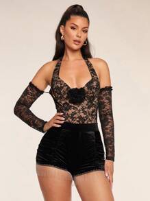Glamine Women's 3D Floral Decor Cold Shoulder Long Sleeve Backless Bodysuit - Black - View 1