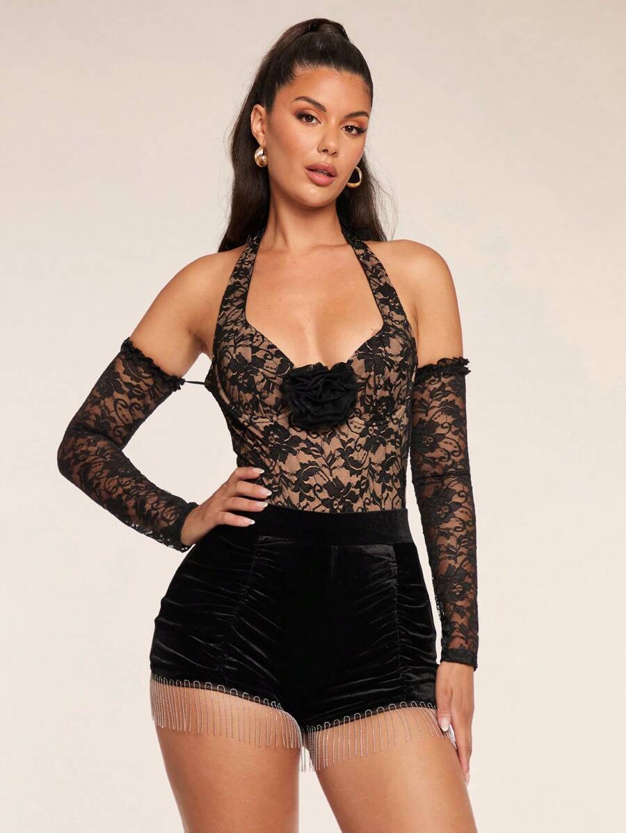 Glamine Women's 3D Floral Decor Cold Shoulder Long Sleeve Backless Bodysuit - Black - View 1