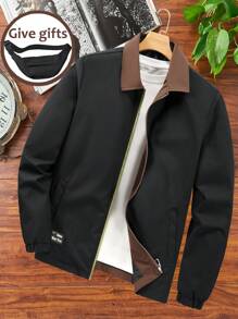 Manfinity Homme Men's Contrast Color Lapel Patchwork Zip Up Jacket, Autumn/Winter - Black - View 4