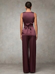SHEIN BAE Women Chestnut & Burgundy Plain Front Button Sleeveless Casual Top & Pants Set