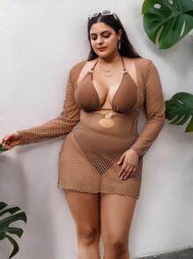 Swim SXY Summer Beach Plus Size Halter Bra & Bikini Bottom Bikini Set With Cover Up Bathing Suit