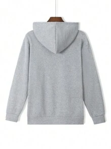 Pumpkin Print Kangaroo Pocket Drawstring Thermal Hoodie - Light Grey - View 2
