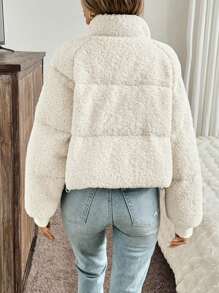 SHEIN LUNE Women's Solid Color Raglan Sleeve Long Sleeve Pocket Zip Front Short Casual Down& Feathers Jacket, Winter