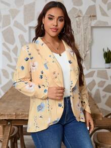 SHEIN LUNE Plus Size Women Floral Print Chiffon Casual Blazer Jacket With Shawl Collar