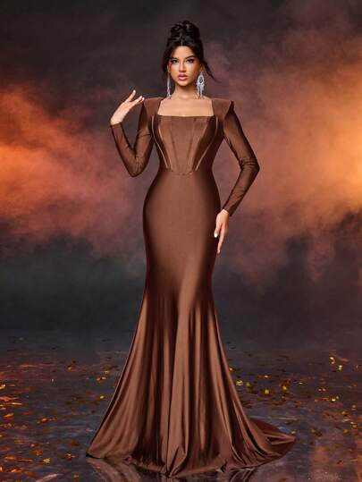 Glamrae Elegant Simple Deep Brown Square Neck Puff Sleeve Front Panel Fitted High Waist Fishtail Hem Formal Dress, Long Sleeve Prom Evening Gown, For Wedding Guest, Graduation, Dinner Party Dress
