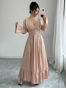 Chiquease V-Neck, Waist Cinching, Elegant Charming Long Sleeve Dress Fall Cloth For Women - Khaki - View 4