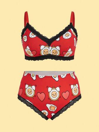 Gudetama X SHEIN 大码卡通印花撞色蕾丝无钢圈文胸套装