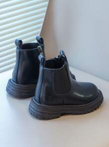 儿童靴子秋冬新款英伦风格平底短靴男童女童幼儿拉链加垫皮靴 - 黑色 - 查看 3