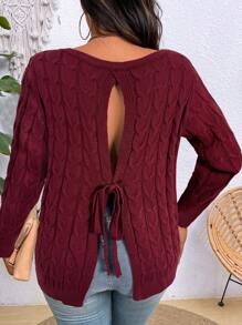 Calvaya Plus Size Women's Solid Color Simple Everyday Pullover Sweater With Back Ribbon Tie
