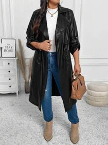 SHEIN LUNE Plus Size Women PU Leather Long Jacket With Drawstring Waist