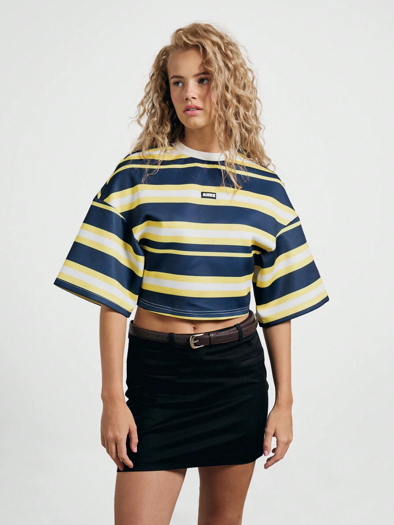Aiirz Striped Oversized Drop Shoulder Round Neck Cropped T Shirt