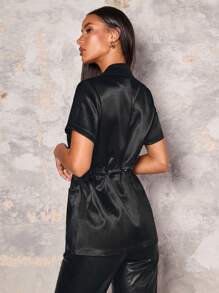 Glamine Blazer court à manches courtes à deux poches avec nœud à la taille, simple pour femmes