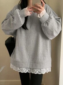 DAZY Women Casual Lace Patchwork Crew Neck Long Sleeve Sweatshirt,Fall Women Clothes