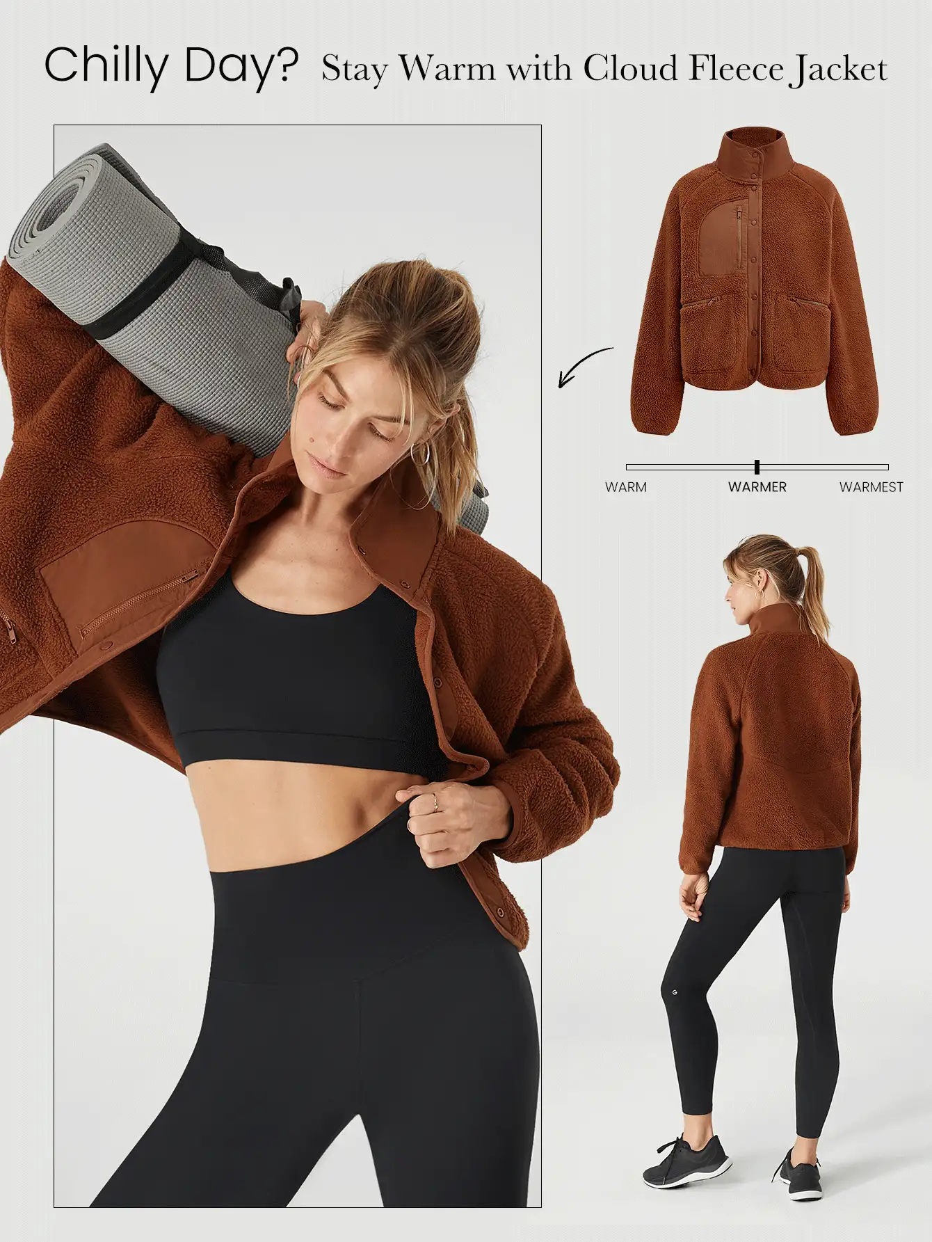 GLOWMODE 舒适厚实摇粒绒柔软保暖宽松弹力下摆夹克带多个口袋日常休闲冬季 - 鏽棕色 - 查看 8