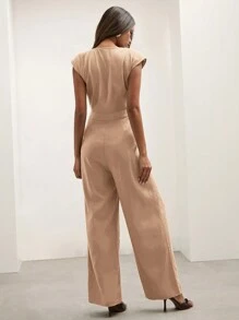 COSMINA Bộ đồ liền thân tối giản cổ chữ V màu trơn dành cho nữ, mặc thường ngày - Màu Khaki - Xem 2