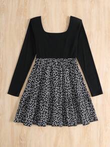 SHEIN Teen Girl's Black Ditsy Floral Knitted Vest Patchwork A-Line Vacation Casual Dress