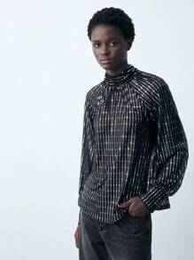 Maija 女式派对金属亮片立领褶饰长袖箔印花衬衫，秋冬 - 黑色 - 查看 7