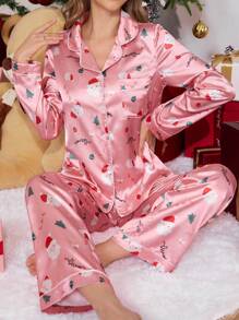 Bộ đồ ngủ satin họa tiết hoạt hình Giáng sinh dành cho nữ, quần áo thu đông - Hồng - Xem 4
