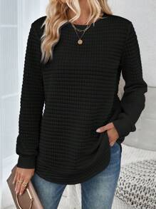 SHEIN LUNE Sudadera informal cómoda y blanca con cuello redondo a cuadros, bajo curvo y aberturas laterales, manga larga, para otoño/invierno - Negro - Ver 4