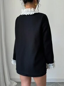 Chiquease Autumn Elegant Contrast Color Ruffle Collar Coat - Black - View 2
