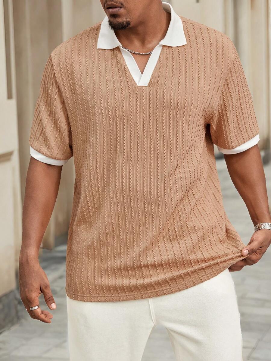 Manfinity Homme 大码男式夏季拼色短袖休闲 Polo 衫 - 卡其色 - 查看 1