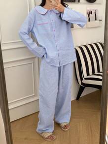 DAZY Bộ đồ ngủ áo sơ mi sọc tay dài cài nút phía trước, túi màu tương phản và quần dài, quần áo mùa thu - Màu xanh lam - Xem 3