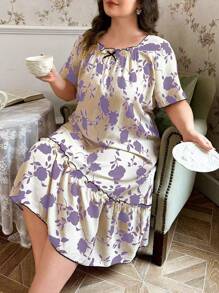 CottageSlumber 泡泡褶花卉印花荷叶边大码女式宽松短袖睡袍睡衣连衣裙女士睡衣女士加大睡衣 - 紫色 - 查看 1
