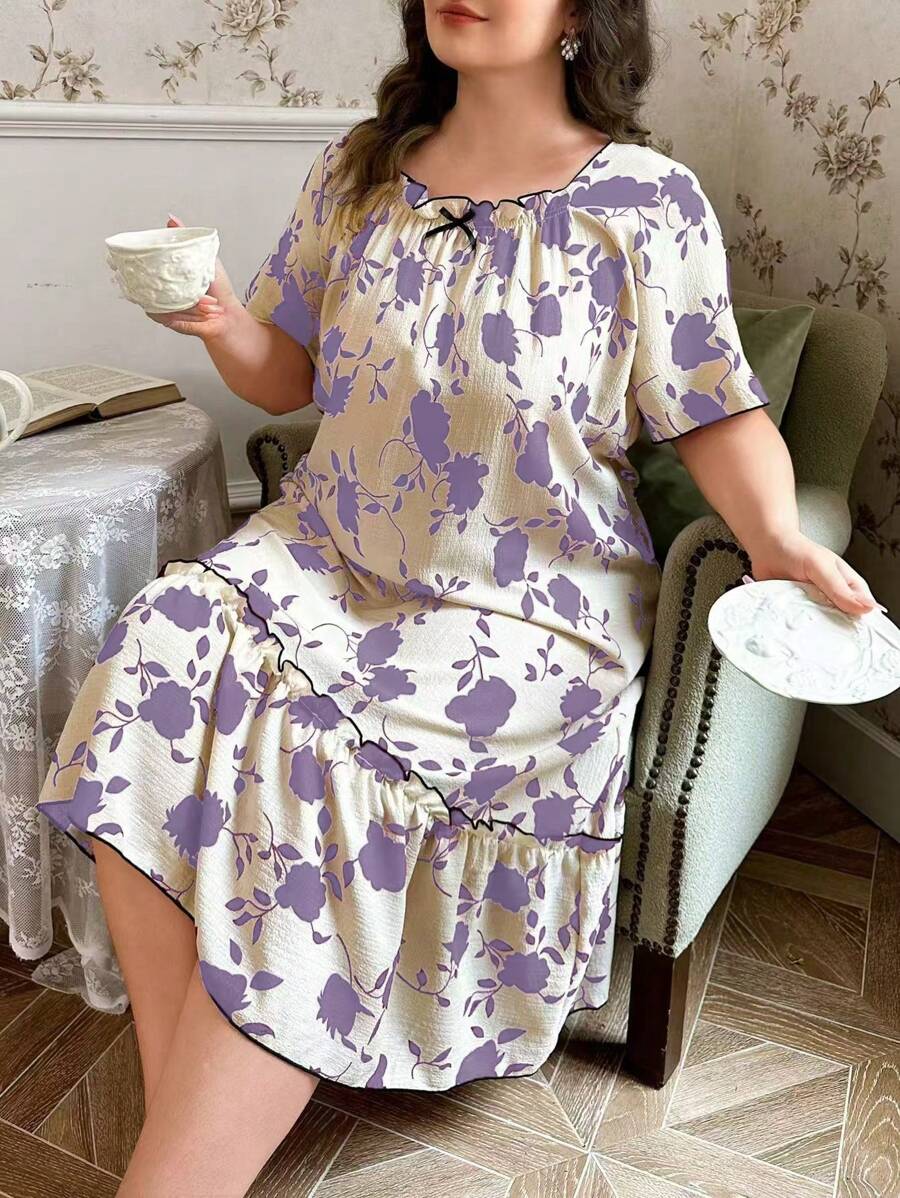 CottageSlumber 泡泡褶花卉印花荷叶边大码女式宽松短袖睡袍睡衣连衣裙女士睡衣女士加大睡衣 - 紫色 - 查看 1