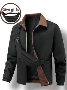 Manfinity Homme Men's Contrast Color Lapel Patchwork Zip Up Jacket, Autumn/Winter - Black - View 6