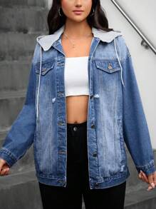 SHEIN Essnce Hooded Contrast Trim Button Up Distressed Casual Long Sleeve Denim Jacket - Medium Wash - View 1