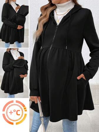SHEIN Giacca con cappuccio tinta unita per donne in gravidanza, con maniche lunghe, laccetti e zip, adatta per la primavera e l'autunno