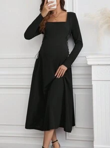 SHEIN Maternity Solid Color Square Neck Lace Up Elegant Long Sleeve Dress - Black - View 3