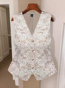 SHEIN Essnce Plus Size Summer Elegant Commute Solid Color Lace Waistcoat In - White - View 1