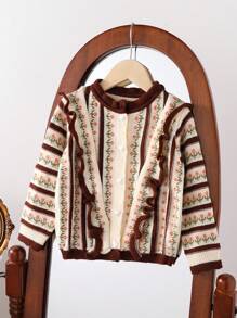SHEIN Young Girl' Fashionable  Ruffled Collar Pearl Heart Button Multi-Color Floral Jacquard Long Sleeve Soft Knit Jacket, Suitable For Outings And Daily Wear - Multicolor - View 1