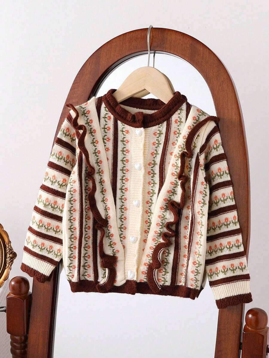 SHEIN Young Girl' Fashionable  Ruffled Collar Pearl Heart Button Multi-Color Floral Jacquard Long Sleeve Soft Knit Jacket, Suitable For Outings And Daily Wear - Multicolor - View 1