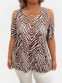 SHEIN LUNE 大码女式斑马纹露肩短袖休闲 T 恤图案 T 恤女式上衣 - 棕色 - 查看 4