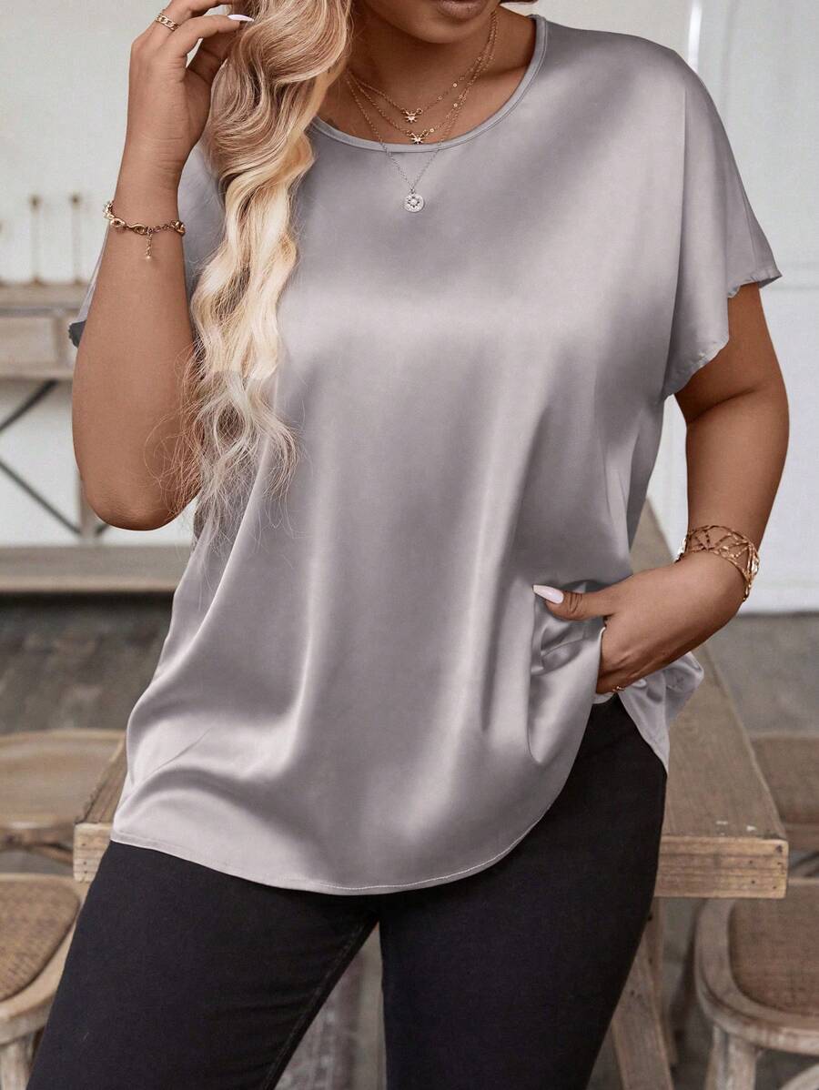 EMERY ROSE Camisa casual sencilla de talla grande, cuello redondo, manga corta, unicolor - Púrpura polvoriento - Ver 1