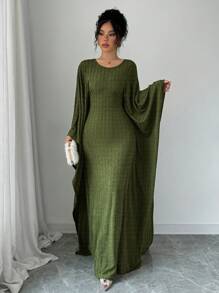 Elenzga Women's Elegant Solid Color Loose Casual Pleated Ruffle Fabric Solid Color Round Neck Batwing Sleeve Dress Maxi Women Outfit - Green - View 1