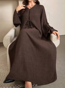 Al Najma 女士优雅宽松舒适蝴蝶结竹结亚麻长裙女装 - 咖啡 - 查看 8